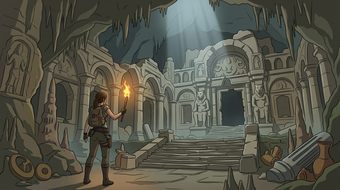 Female lead exploring an ancient underground ruin