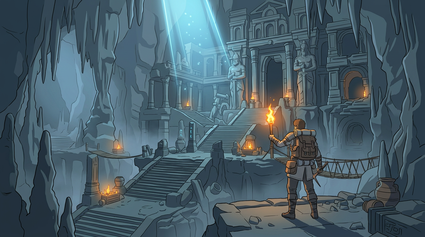 Male lead exploring an ancient underground ruin
